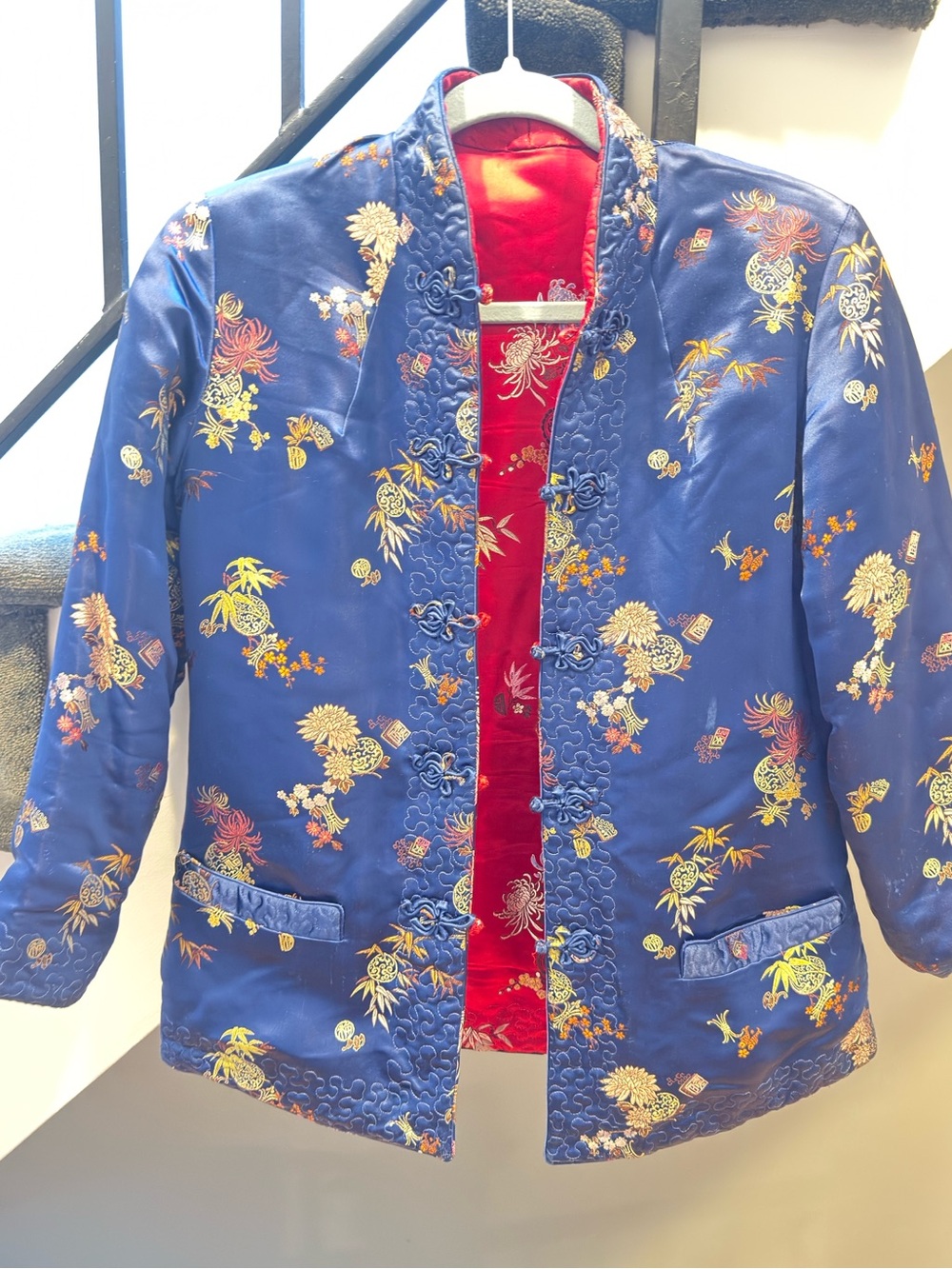 Blue Reversible Floral Satin Mandarin Collar Jacket - Women's size m